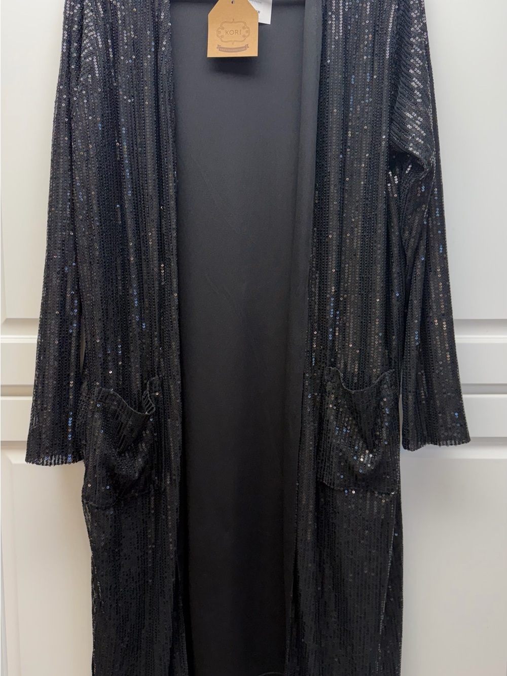 Kori Black Sequin Open-Front Long Duster